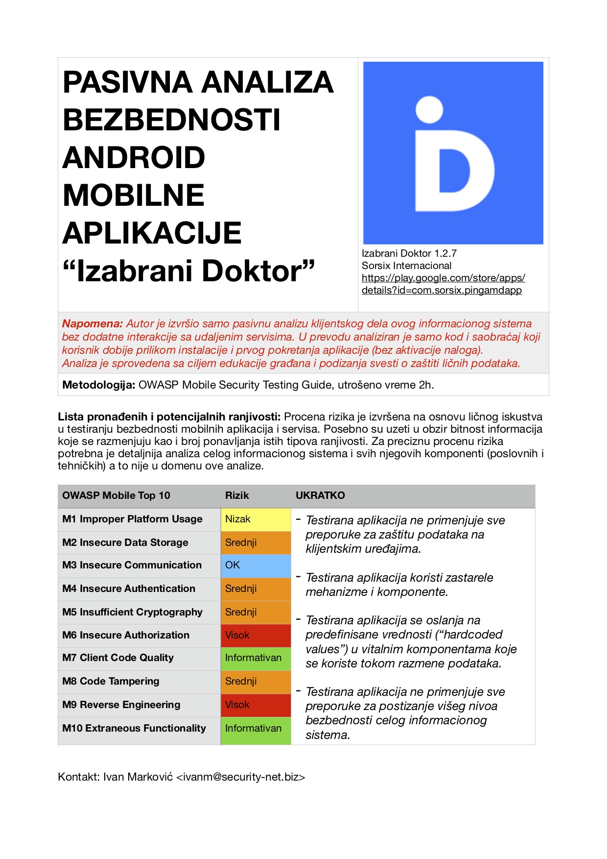 Pasivna analiza bezbednosti Android mobilne aplikacije Izabrani Doktor